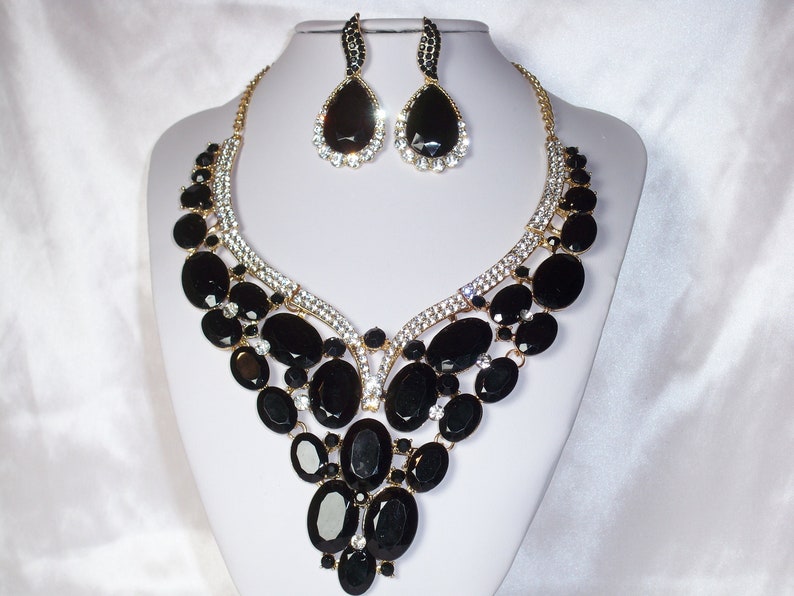 bridal wedding necklace ballroom drag queen necklace Black rhinestone necklace set statement necklace pageant prom Quenceanera necklace