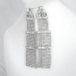 May include: A pair of long, silver dangle earrings with a fringe of clear rhinestones.