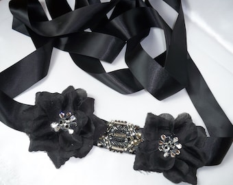 Black Rhinestone Flower Bridal Sash: Formal Dress Belt, Plus Size