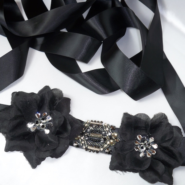 Black rhinestone flower bridal wedding dress belt sash, plus size black belt, party prom formal evening wear dress blet sash,black belt sash