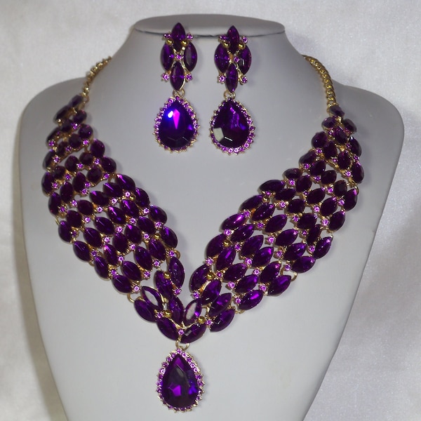 Purple rhinestone necklace set, prom party necklace, ballroom dance statement necklace, drag queen necklace, wedding bridal  MOB necklace,