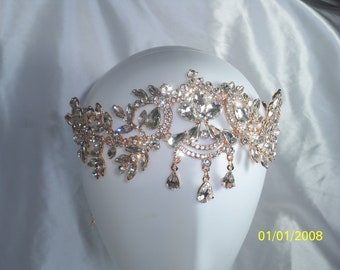 Diadema estilo Gatsby con diamantes de imitación en oro rosa, diadema de cristal para boda, tocado de novia, diadema estilo Flapper de los años 20, estilo art déco vintage.
