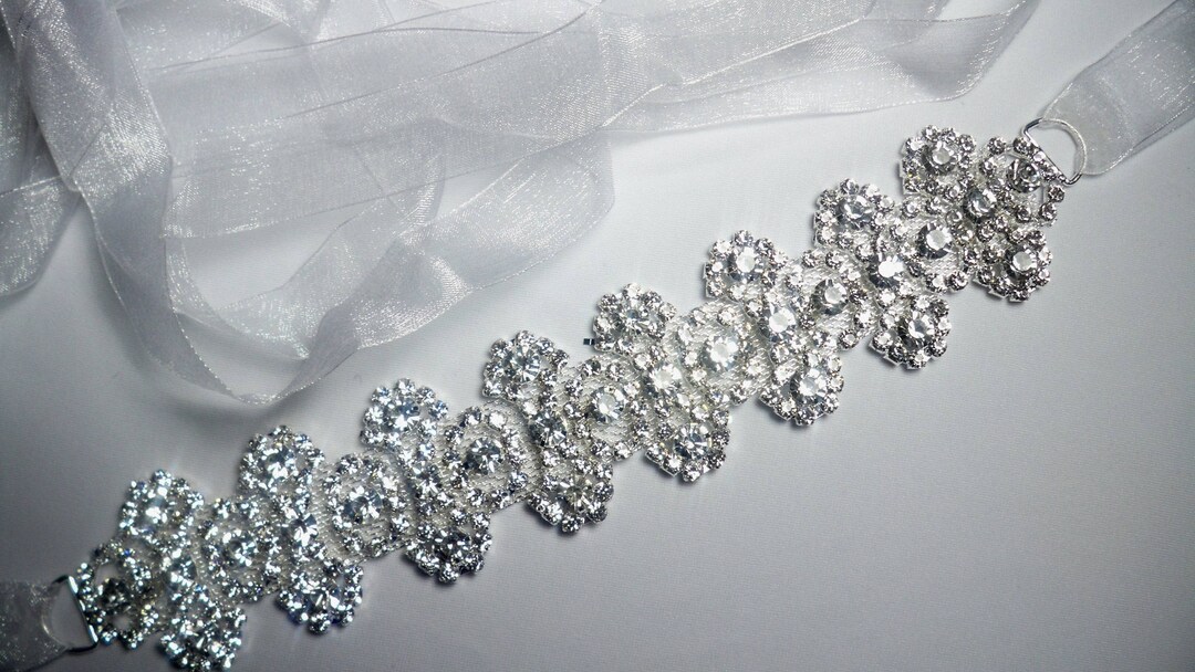 Rhinestone Beaded Organza Bridal Belt Sash for Wedding Gown Plus Size AOZUO Bridal Rhinestone Wedding Waist Belt, Thin Bling  main image 3