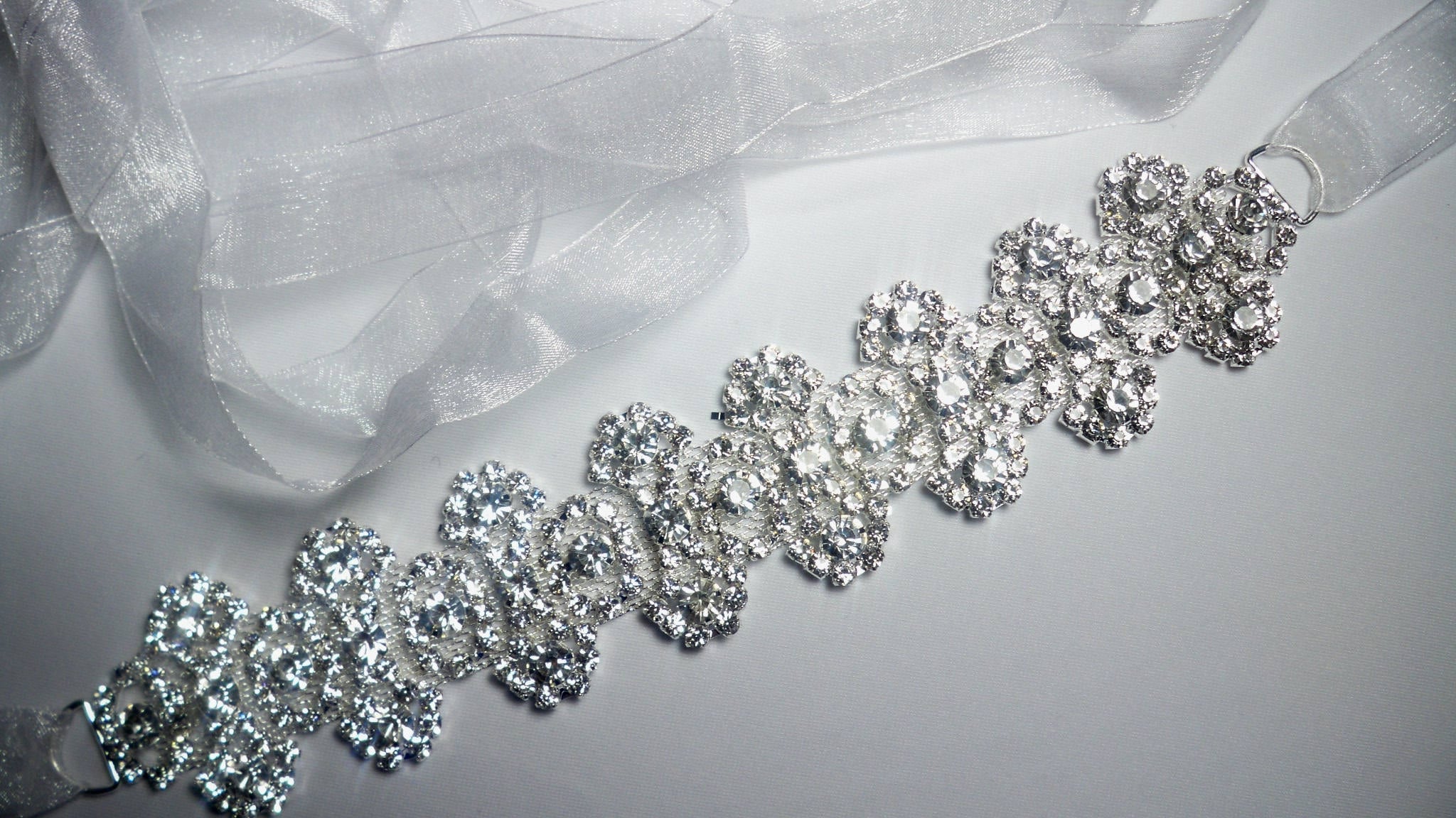 Handmade Rhinestone Beaded Sash Organza Bridal Belt for Wedding Gown Plus Size Hand-Sewn Silver Rhinestone Wedding Dress Belt with Ribbon main image 2
