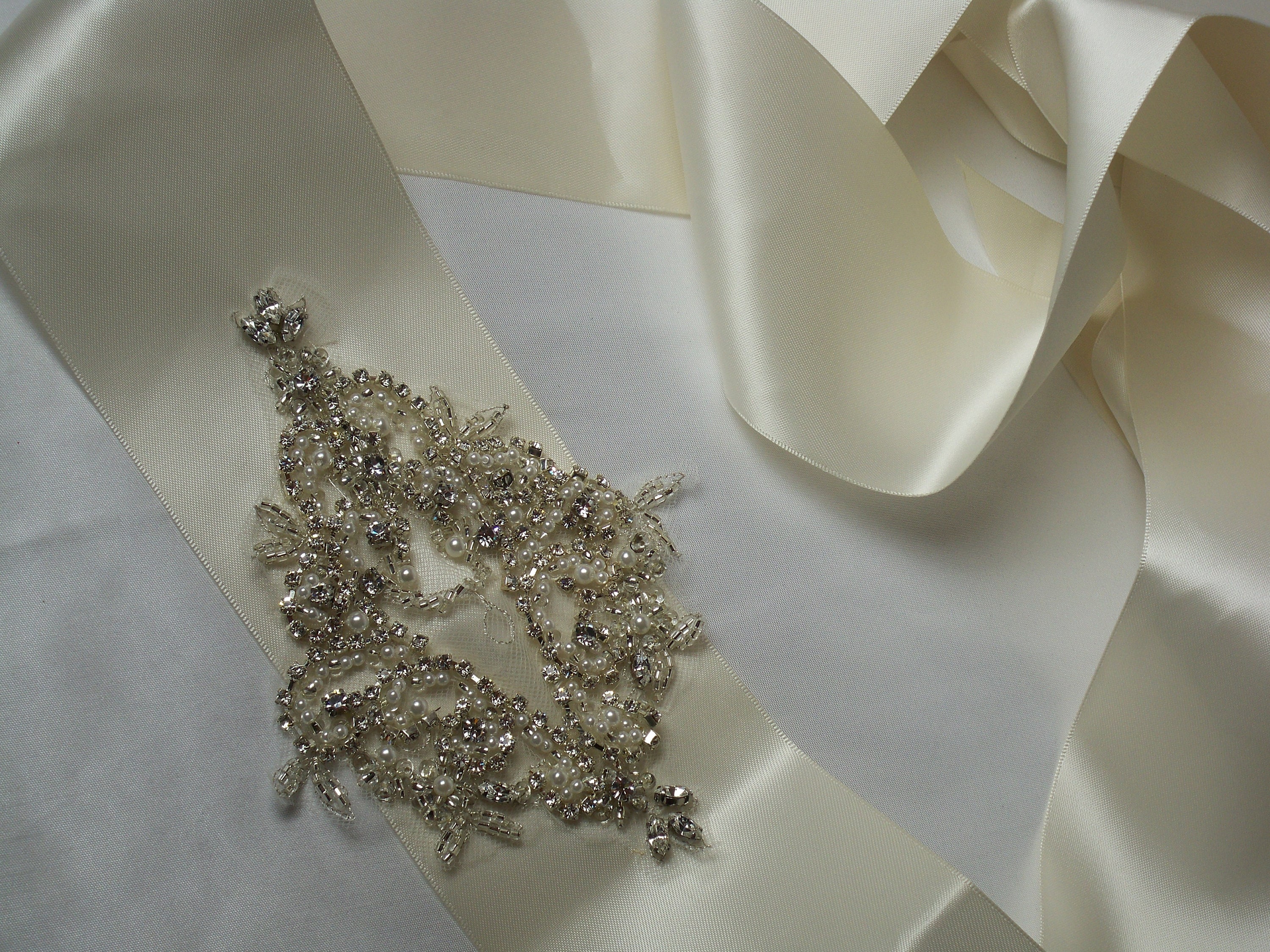 Ivory Beaded Bridal Belt Sash: Rhinestone Pearl Wedding 