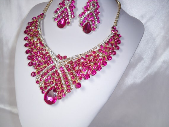Hot Pink Necklace Set Pink Necklace Set Rhinestone Necklace Prom Necklace Pageant Quenceanera Necklace Drag Queen Necklace Wedding Etsy