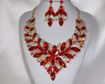Red Rhinestone Statement Necklace & Earrings Set