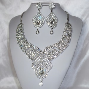 Silver rhinestone necklace set, statement necklace, bridal necklace necklace set,wedding jewelry,drag queen necklace,ballroom dance necklace