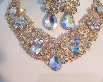 AB rhinestone necklace jewelry set, wedding bridal MOB prom homecoming party formal evening drag queen ballroom statement jewelry set