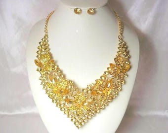 Gold Champagne Rhinestone Necklace Set, Prom, Bridal