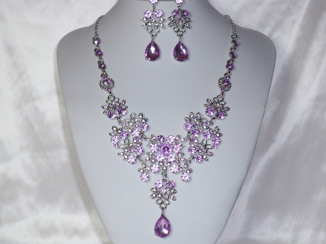 BR Jewellery BLACK & PURPLE Color Rose Gold Plated Crystal Necklace  Jewellery Set with Earrings for Women and girls.