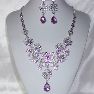 Purple rhinestone necklace earrings set, Wedding Bridal Necklace,Prom Necklace Pageant Bridesmaid Quinceanera Statement Party Formal earring