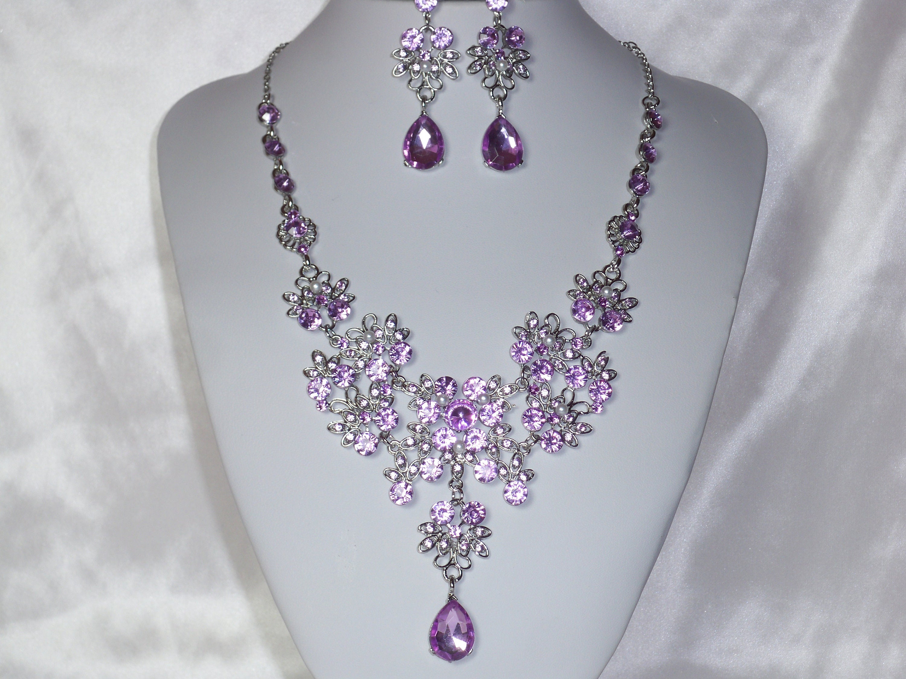 Purple Rhinestone Necklace Earrings Set Wedding Bridal Necklace