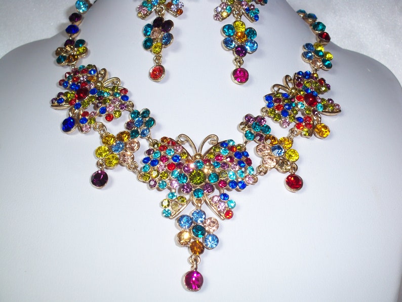 Muli color rhinestone necklace set,wedding bridal MOB necklace Quenceanera party prom necklace,drag queen necklace,butterfly necklace set