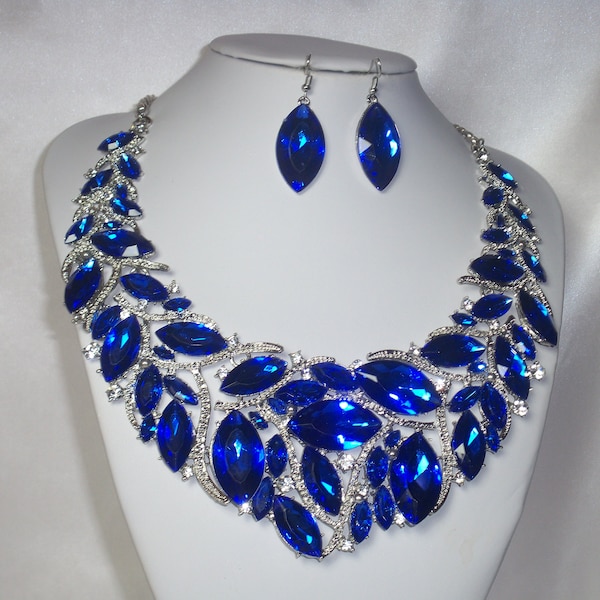 Blue rhinestone set, necklace set, pageant necklace, drag queen necklace, party necklace set, wedding bridal necklace, prom pageant necklace