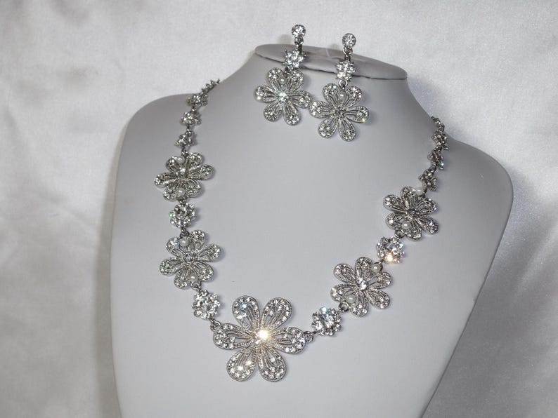 Rhinestone Flower Bridal Necklace: Statement Pageant Prom Jewelry image 1