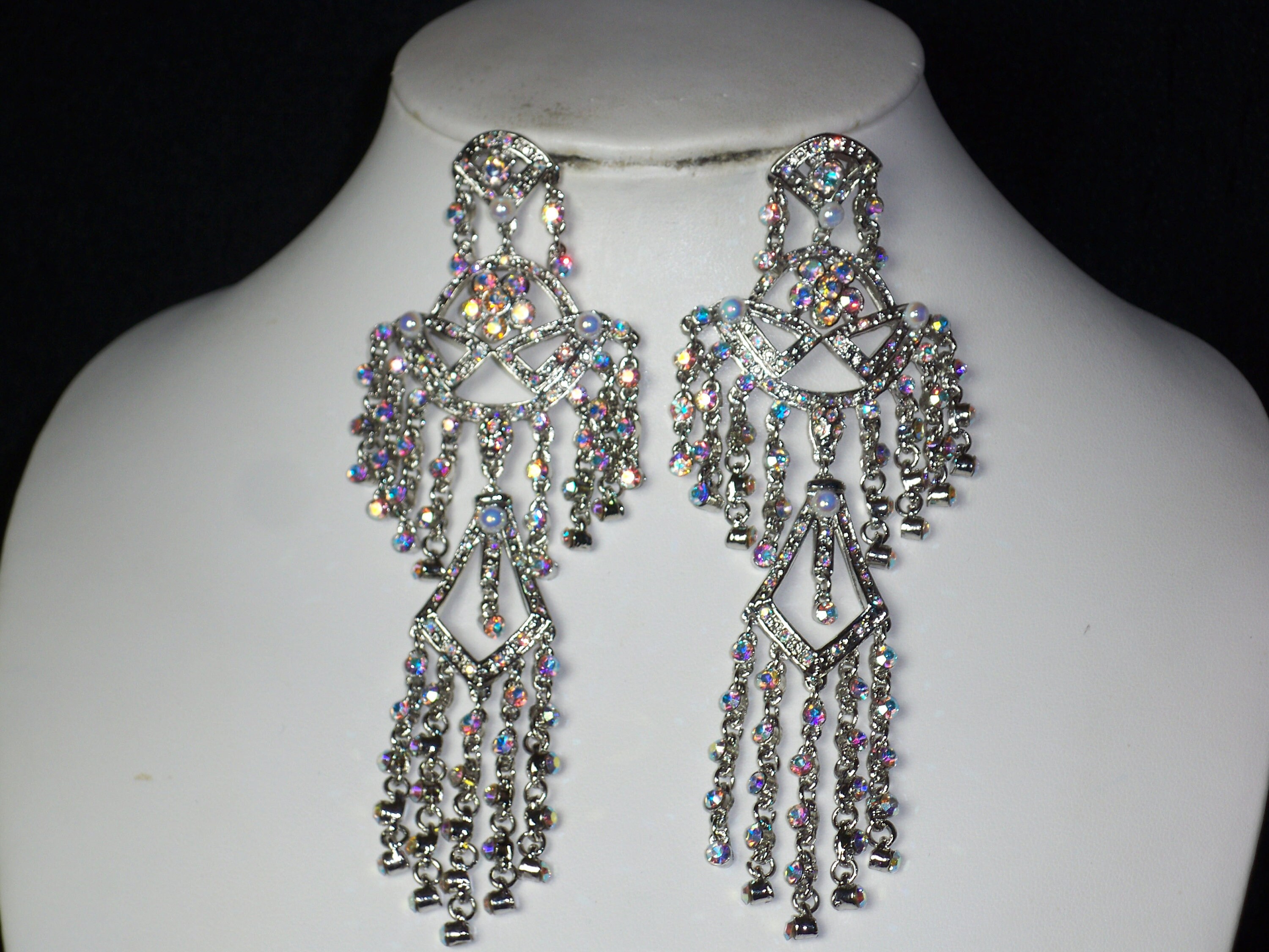 AB Rhinestone Chandelier Earrings: Art Deco Bridal Pageant Dusters
