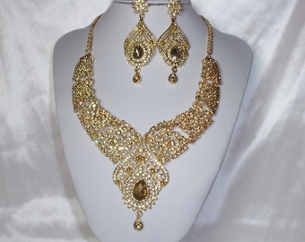Champagne Gold Rhinestone Necklace & Earring Set: Bridal Statement Jewelry
