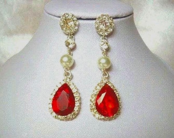 Pendientes colgantes de diamantes de imitación rojos: joyería de perlas para fiesta