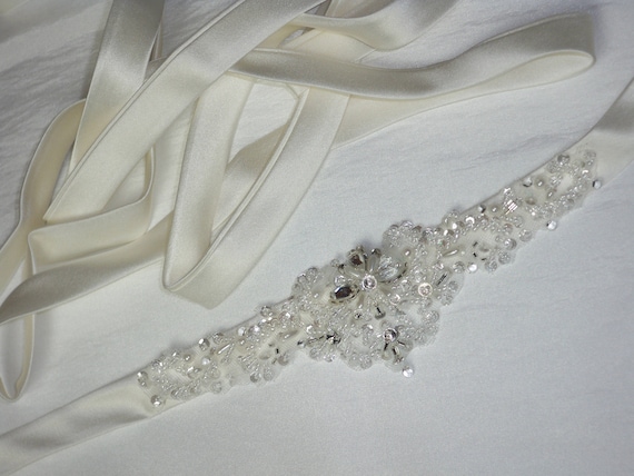 Beaded Bridal Belt with Ivory Satin Sash for Wedding Dress beaded bridal dress belt sash, ivory beaded satin wedding  main image 4
