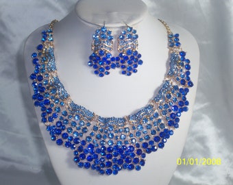 Blue Rhinestone Bib Necklace: Bridal, Prom, Ballroom