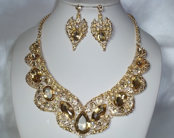 Champagne necklace earring set, bridal necklace, statement necklace, ballroom dance necklace, drag queen necklace, rhinestone jewelry,