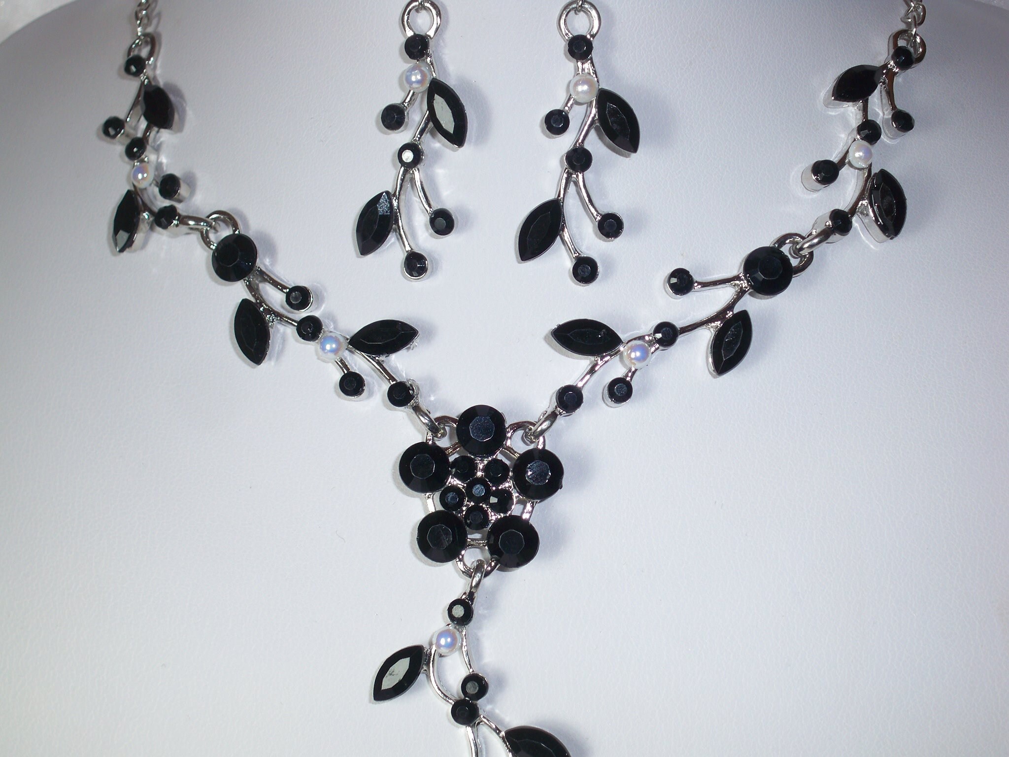 Victorian Style Japanned Black AB Rhinestone Festoon Necklace & Earrings  Set 13