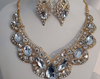 Clear gold rhinestone jewelry necklace set, wedding bridal MOB prom homecoming formal evening Quinceanera drag queen jewelry necklace set
