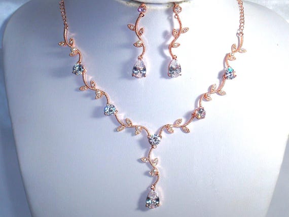 rose gold vine flower necklace set, bridal wedding MOB necklace, prom pageant Quinceanera necklace, party formal evening wear necklace