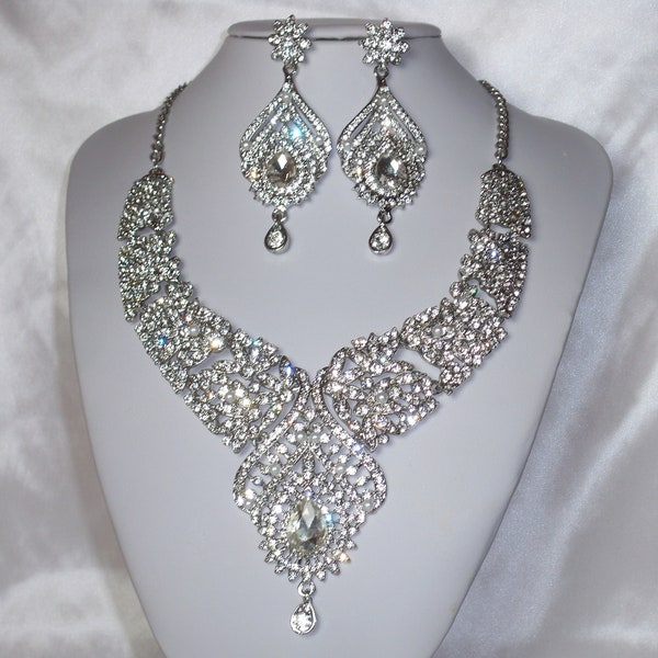 Silver rhinestone necklace set, statement necklace, bridal necklace necklace set,wedding jewelry,drag queen necklace,ballroom dance necklace