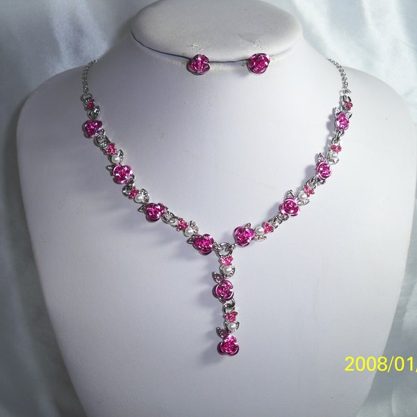 Pink rosette Prom Quenceanera wedding bridal pageant party statement necklace set, girls gift necklace,