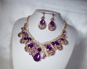 Purple Rhinestone Necklace Earrings Set: Formal Party Jewelry