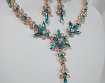 Aqua rhinestone necklace set, prom homecoming party formal evening wedding bridal MOB ballroom Quinceanera statement drag queen necklace set
