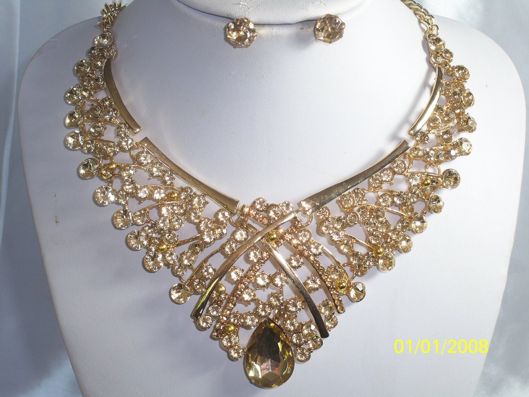 Champagne Stones Party Wear Necklace Set with Earrings & Rings (DZ16573) main image 1