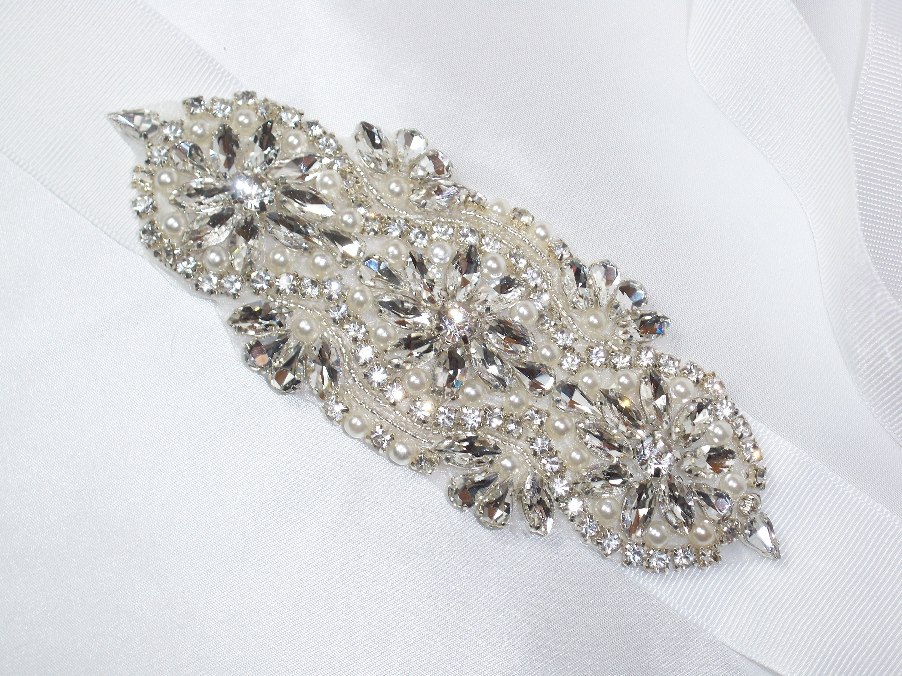 Rhinestone Pearl Bridal Belt Sash: White Ribbon Wedding 