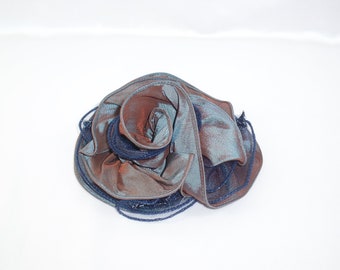 Iridescent Navy Satin Flower Brooch: Shabby Chic Corsage Pin