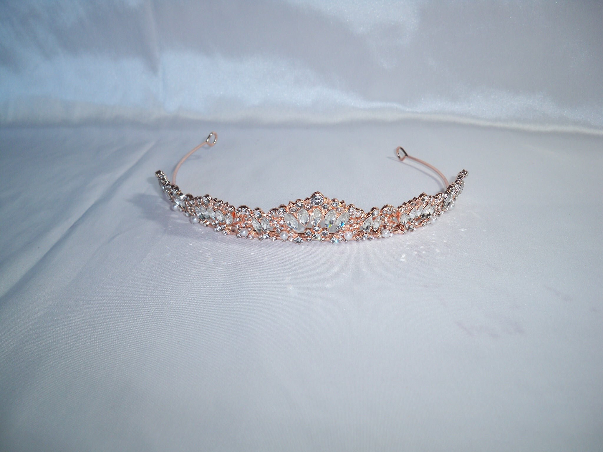 Rose Gold Rhinestone Pearl Bridal Wedding Tiara, Prom  display picture 3
