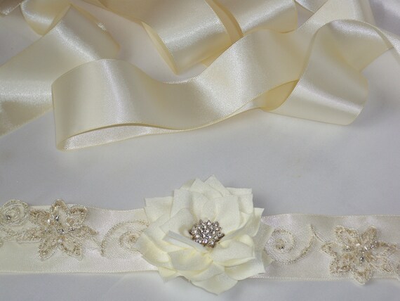 Beaded Bridal Belt with Ivory Satin Sash for Wedding Dress Ivory Bridal Sash Beaded Lace Sash Pink Wedding Dress Belt  main image 4
