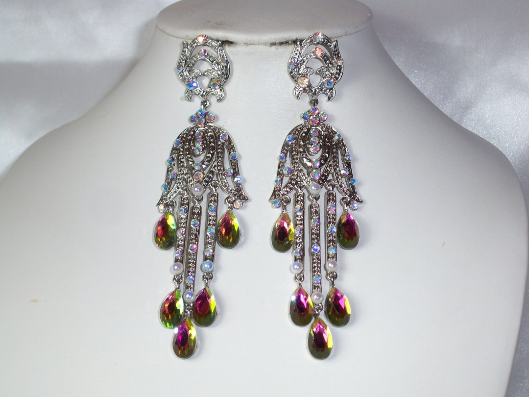 Boucles D'oreilles Lustre Longues – Strass Cristal – Plaqué Or/argent – Chic