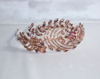 Rose Gold headband head piece tiara, floral bridal wedding headband hair piece head piece, rhinestone headband, rose gold hair accessory