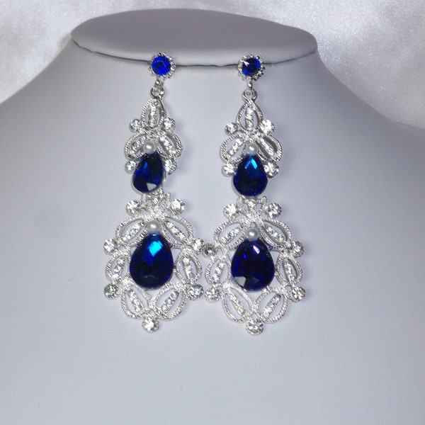 Blue rhinestone dangle drop chandelier earrings, bridal wedding MOB earrings, prom pageant Qenceanera earrings, drag queen earrings,