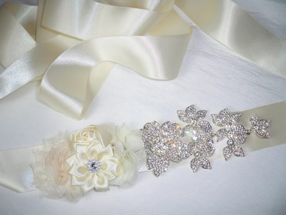 Elegant Ivory  Floral Satin Bridal Sash Belt with Crystal Embellishments Ivory Floral Bridal Belt,Wedding Belt, Girl Sash,Handmade  main image 4