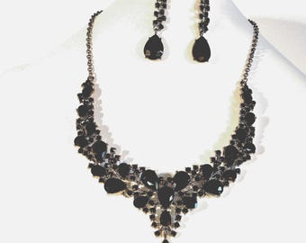 Conjunto de collar de diamantes de imitación negros: novia, baile de graduación, salón de baile