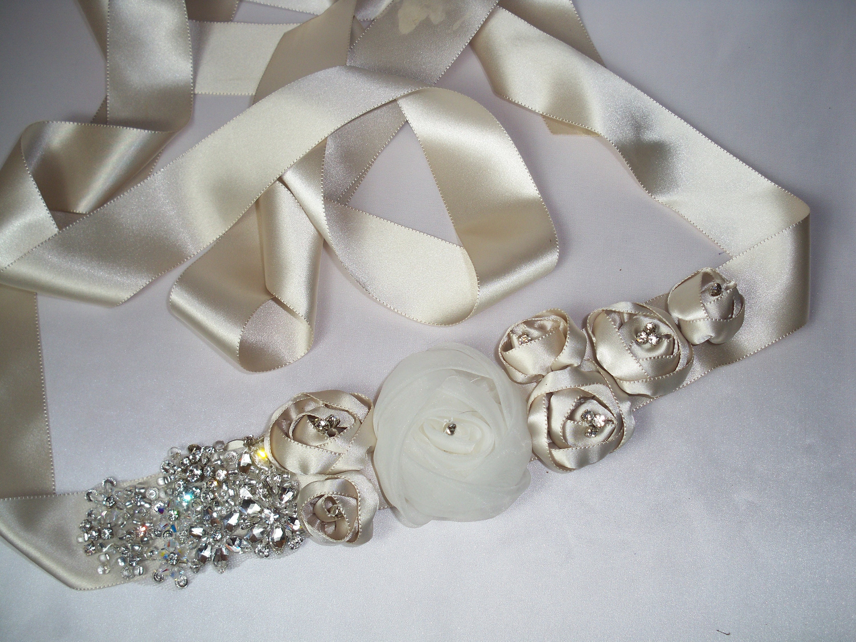 champagne wedding dress belt Champagne Bridal Belt: Rhinestone Flower Wedding Dress Sash