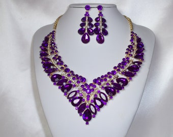 Purple Rhinestone Necklace Set: Bridal Pageant Jewelry
