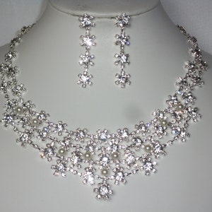 Floral Cluster Rhimnestone Crystal Necklace Earring Set Bridal, Statement ,Prom, Pageant, Quinceanera, MOB, Party Formal Necklace Ballroom