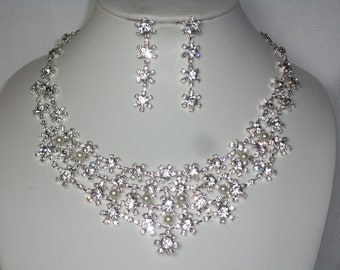 Floral Cluster Rhimnestone Crystal Necklace Earring Set Bridal, Statement ,Prom, Pageant, Quinceanera, MOB, Party Formal Necklace Ballroom