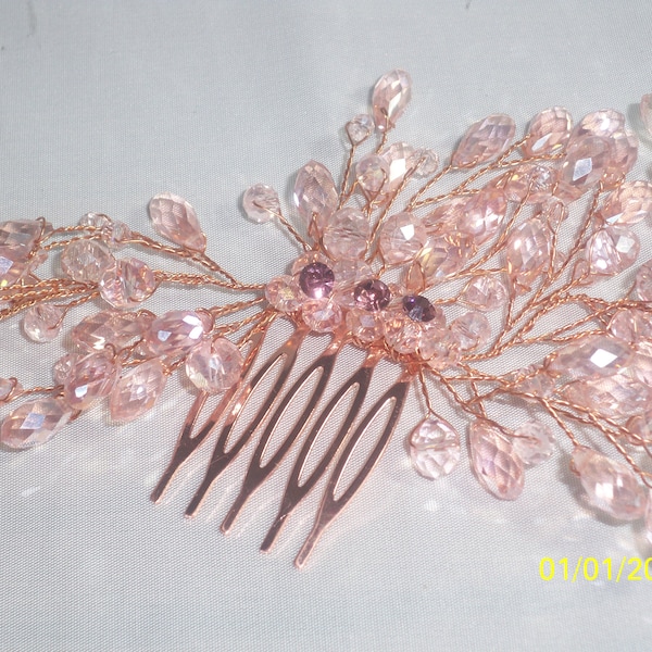 rose gold crystal and beaded hair comb hair piece, wedding MOB bridal hair comb, prom party formal ballroom dance drag queen hair comb piece