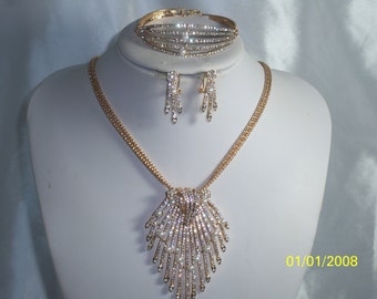 Gold necklace set, 3 pc necklace set, statement necklace, pageant necklace, wedding necklace, party prom necklace, drag queen necklace,