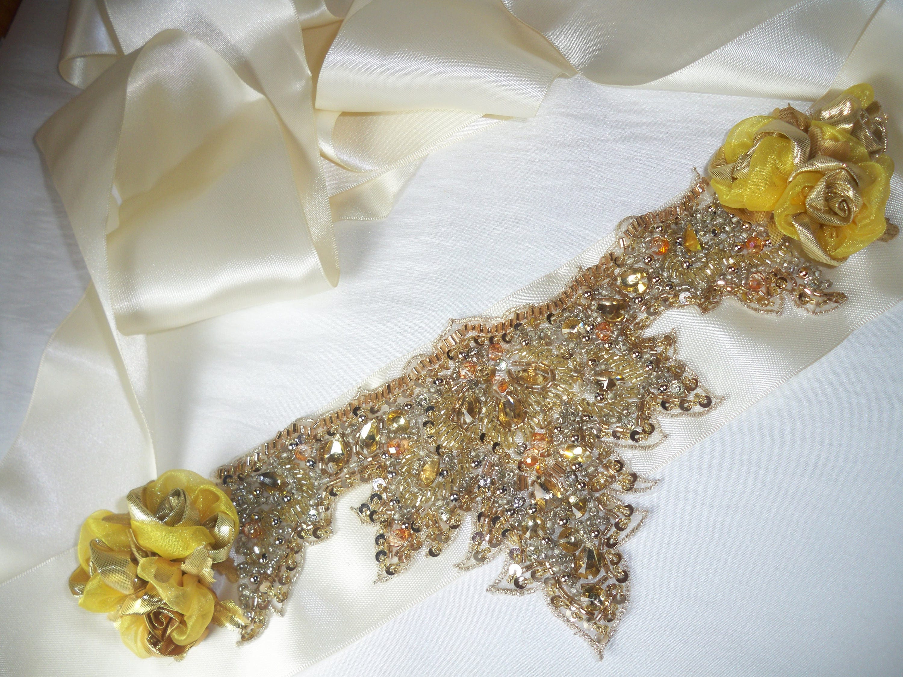 Ivory Gold Rhinestone Crystal Bridal Belt MOB Prom Beaded Party Formal Belt bianco-crystal-and-pearl-  main image 3